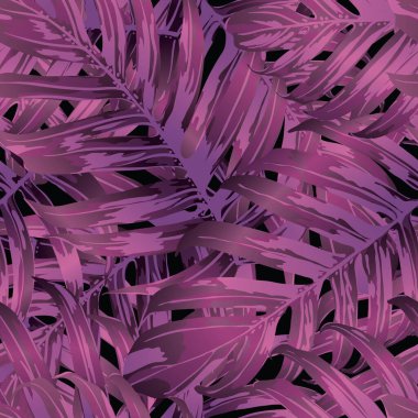 Palm Monstera Kusursuz Düzen. Siyah Pembe Tropik Yaz Arkaplanı. Plaj Ormanı Mayo Tasarımı Yaprakları. Lei Uyum. Retro Hawai baskısı. Egzotik doku. Botanik fayansları.