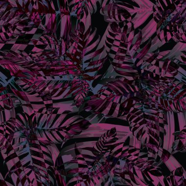 Palm Monstera Kusursuz Düzen. Siyah Pembe Tropik Yaz Arkaplanı. Plaj Ormanı Mayo Tasarımı Yaprakları. Lei Uyum. Retro Hawai baskısı. Egzotik doku. Botanik döşemesi.