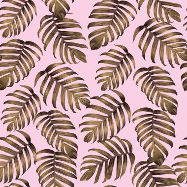 Palm Monstera Kusursuz Düzen. Pembe Beyaz Tropikal Yaz Arkaplanı. Plaj Ormanı Mayo Tasarımı Yaprakları. Lei Uyum. Retro Hawai baskısı. Tropik Tekstil dokusu. Botanik fayansları.