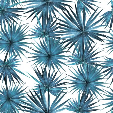 Palm Monstera Kusursuz Düzen. Mavi Beyaz Tropikal Yaz Arkaplanı. Plaj Ormanı Mayo Tasarımı Yaprakları. Lei Uyum. Klasik Hawai baskısı. Tropik Tekstil dokusu. Botanik fayansları.