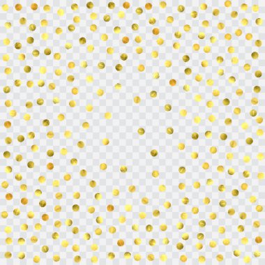Folyo altın konfetisi. Parıldayan vektör arka planı kutlar. Suluboya altın parıltılar ve noktalar. Makbuz arkaplanı. Lüks davetiye şablonu. Düşen altın konfetileri. Parıldayan arkaplan. 