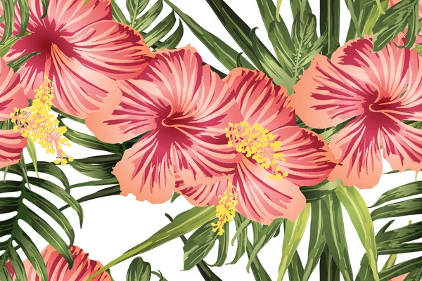 Yeşil kırmızı egzotik desen. Canavar yaprakları ve amber çiçekleri yaz baskısı. Doymuş büyük çiçekli mayo izi. Yatay romantik vahşi vektör egzotik fayans. Aşırı doğal botanik tasarımı.