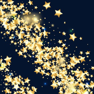 Siyah arka planda altın yıldız konfetisi. Uçan parlak parçacıklar. Tatil vektörü renkli konfeti. Doğum günü partisi arka planı. Noel kartı şablonu