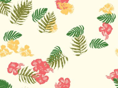 Tropikal arka plan. Yeşil, pembe, kırmızı, sarı canavar, amber çiçeği, avuç içi vektör elementleri. Hawaii egzotik kapak şablonu. Yaz botanik arka planı. Tropik çiçekli orman dokusuna sahip klasik bir iz..