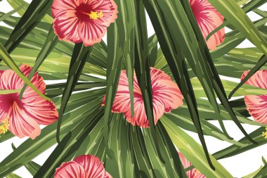 Yeşil kırmızı egzotik desen. Canavar ve amber çiçekleri tropik buket. Doymuş büyük çiçekli mayo izi. Yatay romantik vahşi vektör egzotik fayans. Aşırı doğal botanik tasarımı.