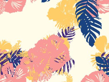 Tropikal arka plan. Yeşil, pembe, kırmızı, sarı canavar, amber çiçeği, avuç içi vektör elementleri. Hawaii egzotik kapak şablonu. Yaz botanik arka planı. Tropik çiçekli orman dokusuna sahip klasik bir iz..