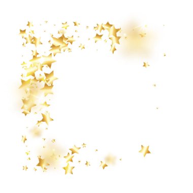 Beyaz arka planda altın yıldız konfetisi. Parlak, parlak bir duş. Soyut vektör renkli konfeti. Parlak dekorasyon arka planı. Sürpriz kart şablonu