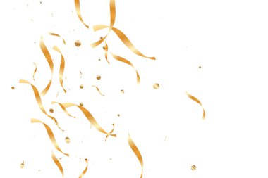  Altın konfetileri, kurdeleler. Parıldıyor. Bokeh geçmişi. Soyut altın yıldönümü davetiye şablonu. Düğün konsepti kartı. Uçan soyut parçacıklar. Patlama kutlama kartı.