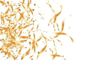  Altın konfetileri, kurdeleler. Parıldıyor. Bokeh geçmişi. Soyut altın yıldönümü davetiye şablonu. Düğün konsepti kartı. Uçan soyut parçacıklar. Patlama kutlama kartı.