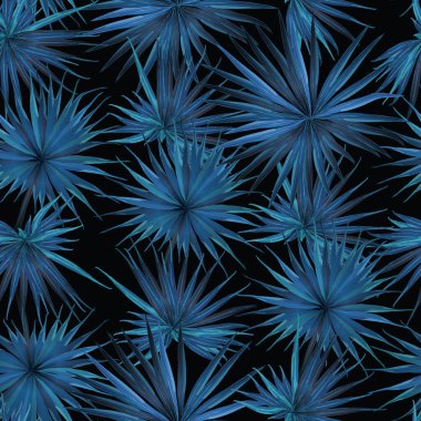 Palm Monstera Kusursuz Düzen. Mavi Siyah Tropikal Yaz Arkaplanı. Plaj Ormanı Mayo Tasarımı Yaprakları. Lei Uyum. Klasik Hawai baskısı. Tropik Tekstil dokusu. Botanik döşemesi.