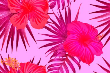 Pembe kırmızı egzotik desen. Canavar yaprakları ve amber çiçekleri yaz baskısı. Doymuş büyük çiçekli mayo izi. Yatay romantik vahşi vektör egzotik fayans. Aşırı doğal botanik tasarımı.