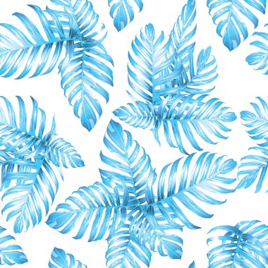Palm Monstera Kusursuz Düzen. Indigo Tropik Yaz Arkaplanı. Plaj Ormanı Mayo Tasarımı Yaprakları. Lei Uyum. Retro Hawai baskısı. Tropik Tekstil dokusu. Botanik döşemesi.