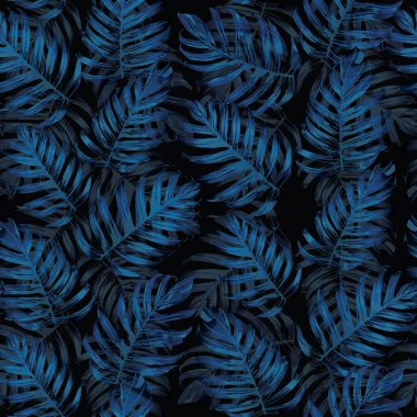 Palm Monstera Kusursuz Düzen. Indigo Tropik Yaz Arkaplanı. Plaj Ormanı Mayo Tasarımı Yaprakları. Lei Uyum. Klasik Hawai baskısı. Tropik Tekstil dokusu. Botanik fayansları.