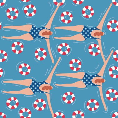 Havuzdaki yüzücüler pürüzsüz. Mayolu yaz vektörleri. Sağlıklı yaşam tarzı Hawai 'li turistler. Denizin en iyi manzaralı insanları. Erkekler ve kızlar için plaj ıslak partisi. Suda yüzücüler. 