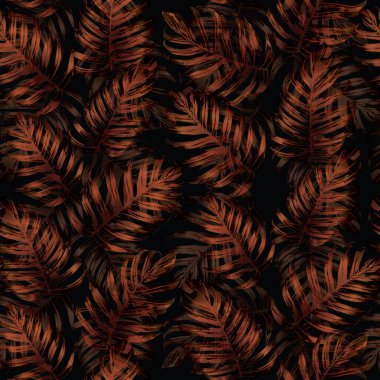Palm Monstera Kusursuz Düzen. Turuncu Siyah Tropikal Yaz Arkaplanı. Plaj Ormanı Mayo Tasarımı Yaprakları. Lei Uyum. Retro Hawai baskısı. Tropik Tekstil dokusu. Botanik döşemesi.
