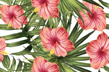 Yeşil kırmızı egzotik desen. Canavar yaprakları ve amber çiçekleri yaz baskısı. Hawaii tişörtü ve mayo fayansı. Yatay Kaliforniya doğal doku tasarımı. Aşırı doğal botanik tasarımı.