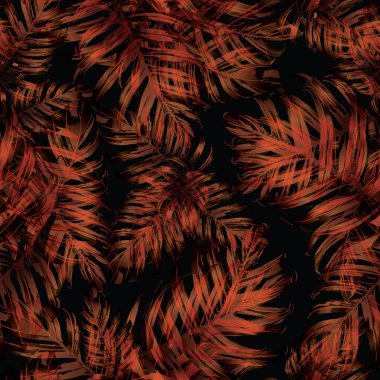 Palm Monstera Kusursuz Düzen. Turuncu Siyah Tropikal Yaz Arkaplanı. Plaj Ormanı Mayo Tasarımı Yaprakları. Lei Uyum. Retro Hawai baskısı. Tropik Tekstil dokusu. Botanik döşemesi.