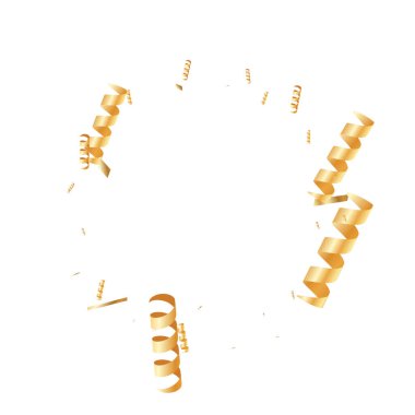 Altın kurdeleli konfeti. Parıldıyor. Bokeh dokusu. Soyut altın odaklı yıldönümü davetiye şablonu. Düğün altın çıngıraklı yılanlar. Düşen soyut ışıltı. Patlama kutlama kartı