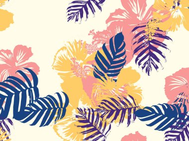 Tropikal arka plan. Yeşil, pembe, kırmızı, sarı canavar, amber çiçeği, avuç içi vektör elementleri. Hawaii egzotik kapak şablonu. Yaz botanik arka planı. Tropik çiçekli orman dokusuna sahip klasik bir iz..