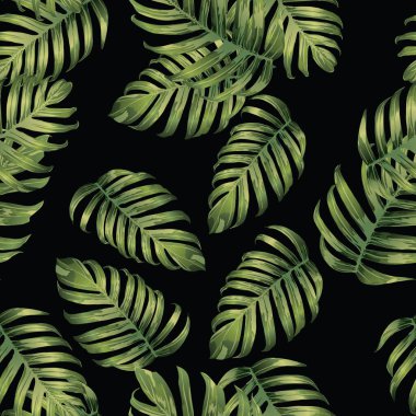 Palm Monstera Kusursuz Düzen. Yeşil Siyah Tropikal Yaz Arkaplanı. Plaj Ormanı Mayo Tasarımı Yaprakları. Lei Uyum. Klasik Hawai baskısı. Tropik Tekstil dokusu. Botanik fayansları.