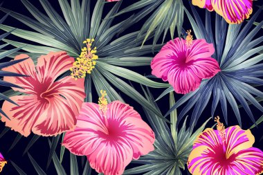 Yeşil kırmızı egzotik desen. Canavar ve amber çiçekleri tropik buket. Hawaii tişörtü ve mayo fayansı. Yatay romantik vahşi vektör egzotik fayans. Güzel bahar botanik tasarımı.