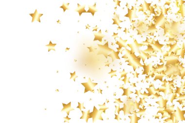 Beyaz arka planda altın yıldız konfetisi. Minimalist düşmüş parçacık. Tatil vektörü renkli konfeti. Parlak dekorasyon arka planı. Sürpriz kart şablonu