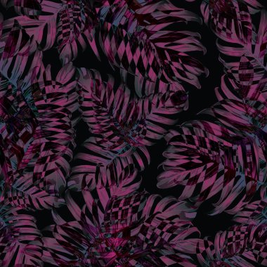Palm Monstera Kusursuz Düzen. Siyah Pembe Tropik Yaz Arkaplanı. Plaj Ormanı Mayo Tasarımı Yaprakları. Lei Uyum. Klasik Hawai baskısı. Egzotik doku. Botanik fayansları.