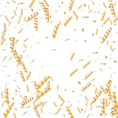  Altın konfetileri, kurdeleler. Parıldıyor. Bokeh geçmişi. Soyut altın yıldönümü davetiye şablonu. Düğün konsepti kartı. Uçan soyut parçacıklar. Patlama kutlama kartı.