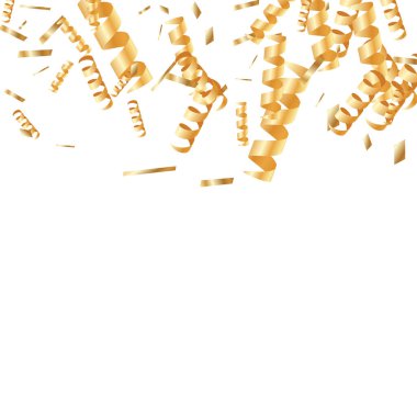  Altın konfetileri, kurdeleler. Parıldıyor. Bokeh geçmişi. Soyut altın yıldönümü davetiye şablonu. Düğün konsepti kartı. Uçan soyut parçacıklar. Patlama kutlama kartı.