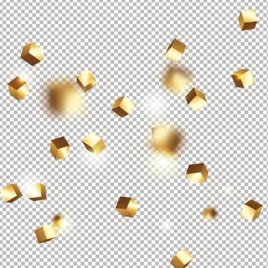 3 boyutlu altın küplü konfeti. Uçan parlak parıltı. Bokeh arızası dokusu. Soyut altın odaklı doğum günü davetiyesi şablonu. Altın kare düğün kartı. Uçan soyut parıltı. Patlama kutlama kartı
