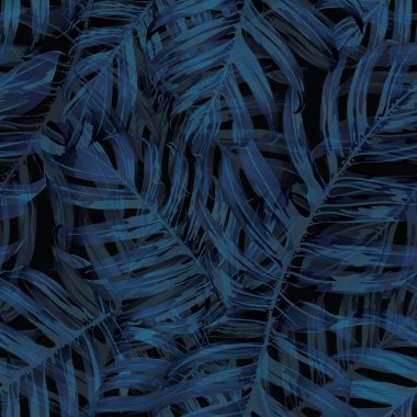Palm Monstera Kusursuz Düzen. Mavi Siyah Tropikal Yaz Arkaplanı. Plaj Ormanı Mayo Tasarımı Yaprakları. Lei Uyum. Klasik Hawai baskısı. Tropik Tekstil dokusu. Botanik fayansları.