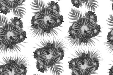 Siyah beyaz egzotik desen. Canavar ve amber çiçekleri tropik buket. Doymuş büyük çiçekli mayo izi. Yatay Kaliforniya doğal doku tasarımı. Aşırı doğal botanik tasarımı.