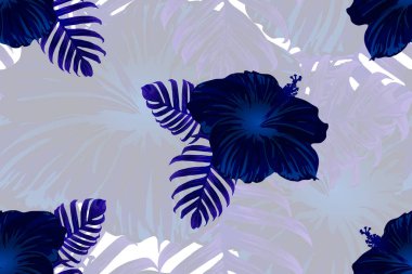 Tropikal desen. Mavi, çivit mavisi, siyah egzotik yaz çiçeği vektörü arka planı. Güzellik fasyonu canavarı, palmiye yaprakları ve amber çiçekleri. Hawaii tropik ormanı sonsuz iz. Doğal mayo tasarımı.