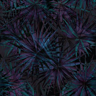 Palm Monstera Kusursuz Düzen. Indigo Tropik Yaz Arkaplanı. Plaj Ormanı Mayo Tasarımı Yaprakları. Lei Uyum. Retro Hawai baskısı. Tropik Tekstil dokusu. Botanik döşemesi.