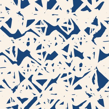 Üçgen desen. İndigo geometrik dikişsiz doku. Tek renkli tasarım baskısı. Fütürist grafik tekrar eden fayans. Kimono geçmişi. Soyut soyut doğrusal süsleme. 
