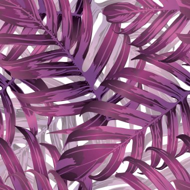 Palm Monstera Kusursuz Düzen. Magenta Tropik Yaz Arkaplanı. Plaj Ormanı Mayo Tasarımı Yaprakları. Lei Uyum. Retro Hawai baskısı. Tropik Tekstil dokusu. Botanik fayansları.