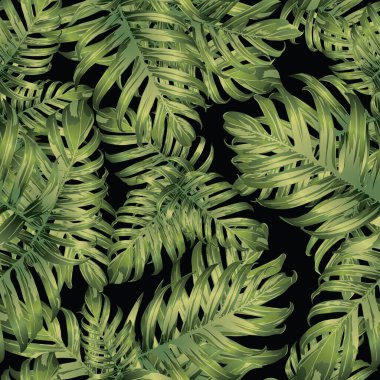 Palm Monstera Kusursuz Düzen. Yeşil Siyah Tropikal Yaz Arkaplanı. Plaj Ormanı Mayo Tasarımı Yaprakları. Lei Uyum. Retro Hawai baskısı. Tropik Tekstil dokusu. Botanik fayansları.