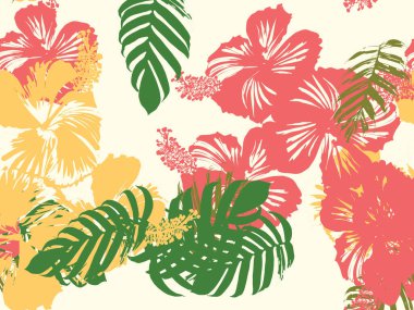 Tropikal arka plan. Yeşil, pembe, kırmızı, sarı canavar, amber çiçeği, avuç içi vektör elementleri. Hawaii egzotik kapak şablonu. Yaz botanik arka planı. Tropik çiçekli orman dokusuna sahip klasik bir iz..