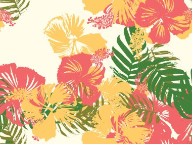 Tropikal arka plan. Yeşil, pembe, kırmızı, sarı canavar, amber çiçeği, avuç içi vektör elementleri. Hawaii egzotik kapak şablonu. Yaz botanik arka planı. Tropik çiçekli orman dokusuna sahip klasik bir iz..