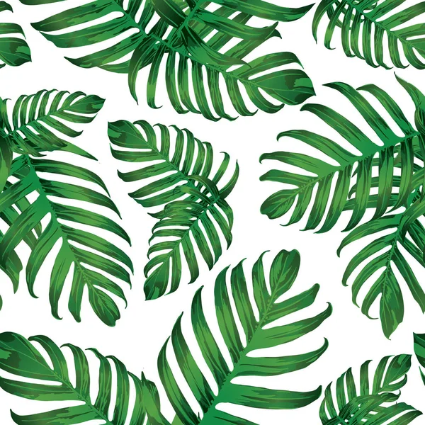 Palm Monstera Seamless Pattern Sfondo Estivo Tropicale Verde Bianco Beach — Vettoriale Stock