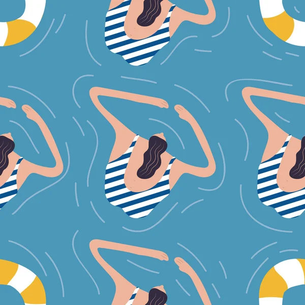Swimmers Pool Seamless Pattern Summer Vector People Swimwear Healthy Lifestyle — Stock Vector