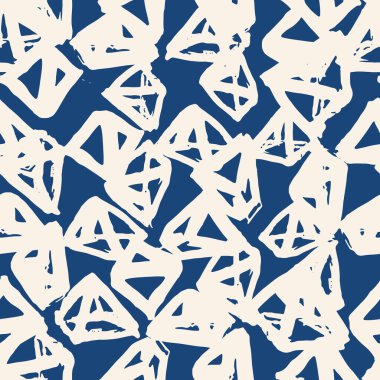 Üçgen desen. İndigo geometrik dikişsiz doku. Tek renkli tasarım baskısı. Japonca grafik tekrar eden fayans. Kimono geçmişi. Soyut soyut doğrusal süsleme. 