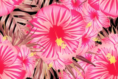 Pembe kırmızı egzotik desen. Canavar yaprakları ve amber çiçekleri yaz baskısı. Hawaii tişörtü ve mayo fayansı. Yatay Kaliforniya doğal doku tasarımı. Güzel bahar botanik tasarımı.