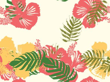 Tropikal arka plan. Yeşil, pembe, kırmızı, sarı canavar, amber çiçeği, avuç içi vektör elementleri. Hawaii egzotik kapak şablonu. Yaz botanik arka planı. Tropik çiçekli orman dokusuna sahip klasik bir iz..