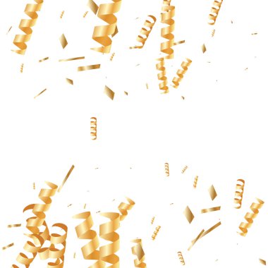  Altın konfetileri, kurdeleler. Parıldıyor. Bokeh geçmişi. Soyut altın yıldönümü davetiye şablonu. Düğün konsepti kartı. Uçan soyut parçacıklar. Patlama kutlama kartı.