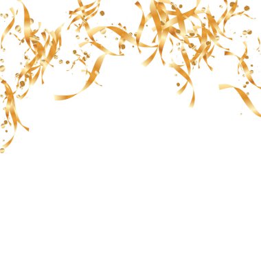  Altın konfetileri, kurdeleler. Parıldıyor. Bokeh geçmişi. Soyut altın yıldönümü davetiye şablonu. Düğün konsepti kartı. Uçan soyut parçacıklar. Patlama kutlama kartı.