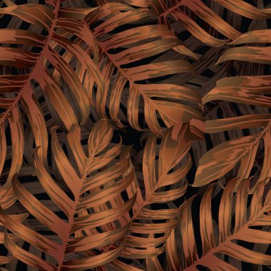 Palm Monstera Kusursuz Düzen. Turuncu Siyah Tropikal Yaz Arkaplanı. Plaj Ormanı Mayo Tasarımı Yaprakları. Lei Uyum. Retro Hawai baskısı. Egzotik doku. Botanik döşemesi.