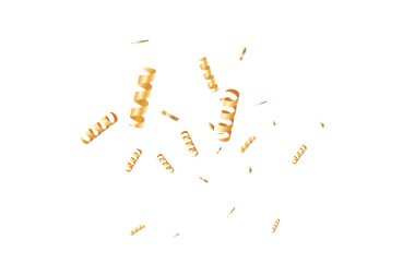  Altın konfetileri, kurdeleler. Parıldıyor. Bokeh geçmişi. Soyut altın yıldönümü davetiye şablonu. Düğün konsepti kartı. Uçan soyut parçacıklar. Patlama kutlama kartı.