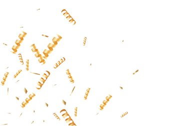  Altın konfetileri, kurdeleler. Parıldıyor. Bokeh geçmişi. Soyut altın yıldönümü davetiye şablonu. Düğün konsepti kartı. Uçan soyut parçacıklar. Patlama kutlama kartı.