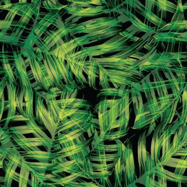Palm Monstera Kusursuz Düzen. Yeşil Siyah Tropikal Yaz Arkaplanı. Plaj Ormanı Mayo Tasarımı Yaprakları. Lei Uyum. Klasik Hawai baskısı. Tropik Tekstil dokusu. Botanik fayansları.